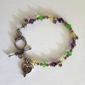 Silver Tone Heart Charm Beaded Bracelet Toggle Clasp